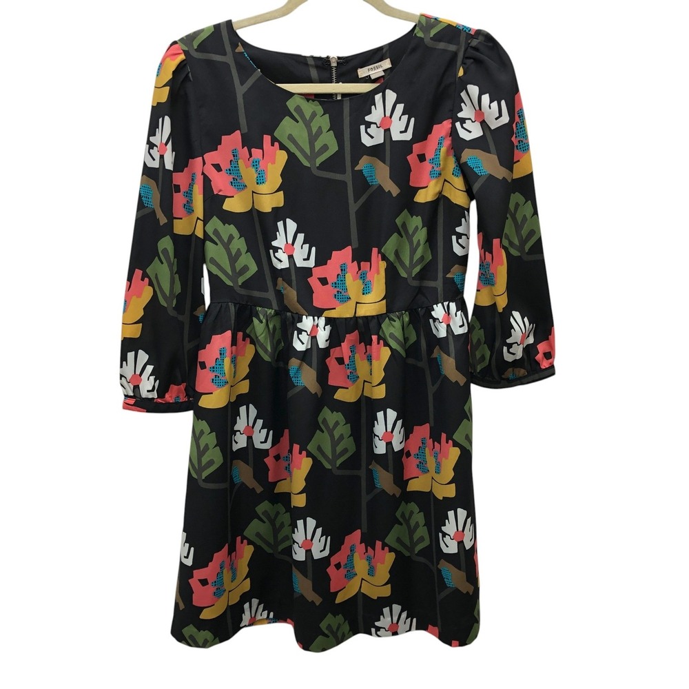 Fossil Womens Medium Retro Mod Floral Puff Sleeve Indie Boho Artsy Mini Dress